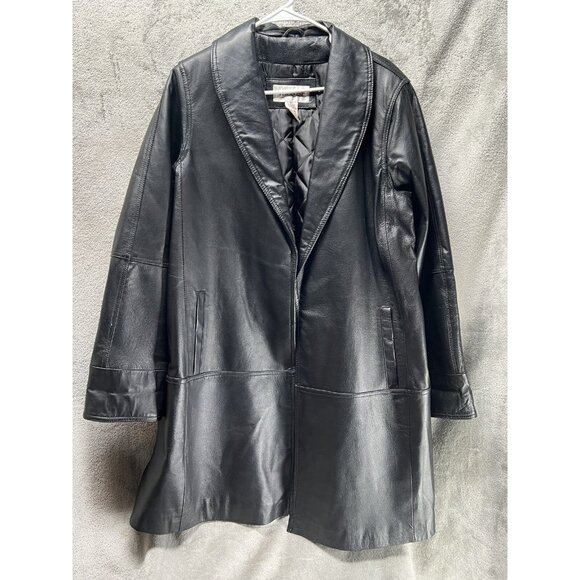 Veranesi Women's 16 W Plus Black Genuine Leather Jacket Quilted Insulated Long - Picture 1 of 8
